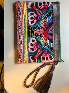 Embroidered Floral Wristlet Clutch - Multicolor with Brown Trim